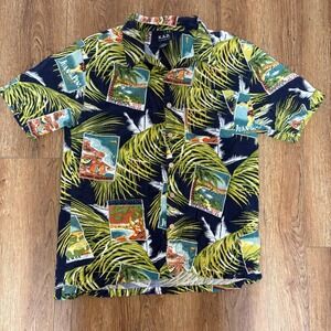 K.A.D. Hawaiian AOP Button Up Shirt Postcard Tropical Single Stitch Mens XL VTG‎